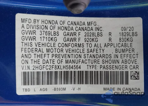2020 Honda Civic Sport from USA, damaged, VIN 2HGFC2F8XLH584564